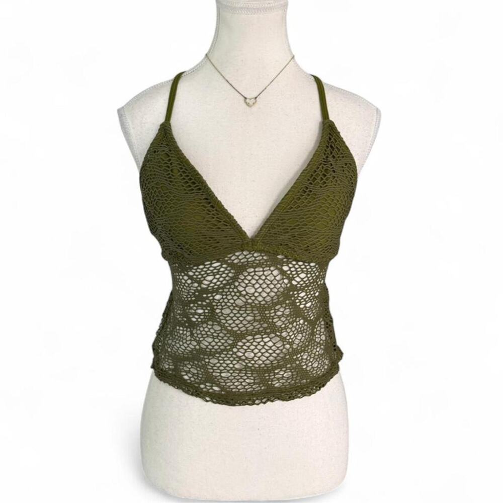 Green knitted Y2K tropical summer halter top with open back women’s size medium